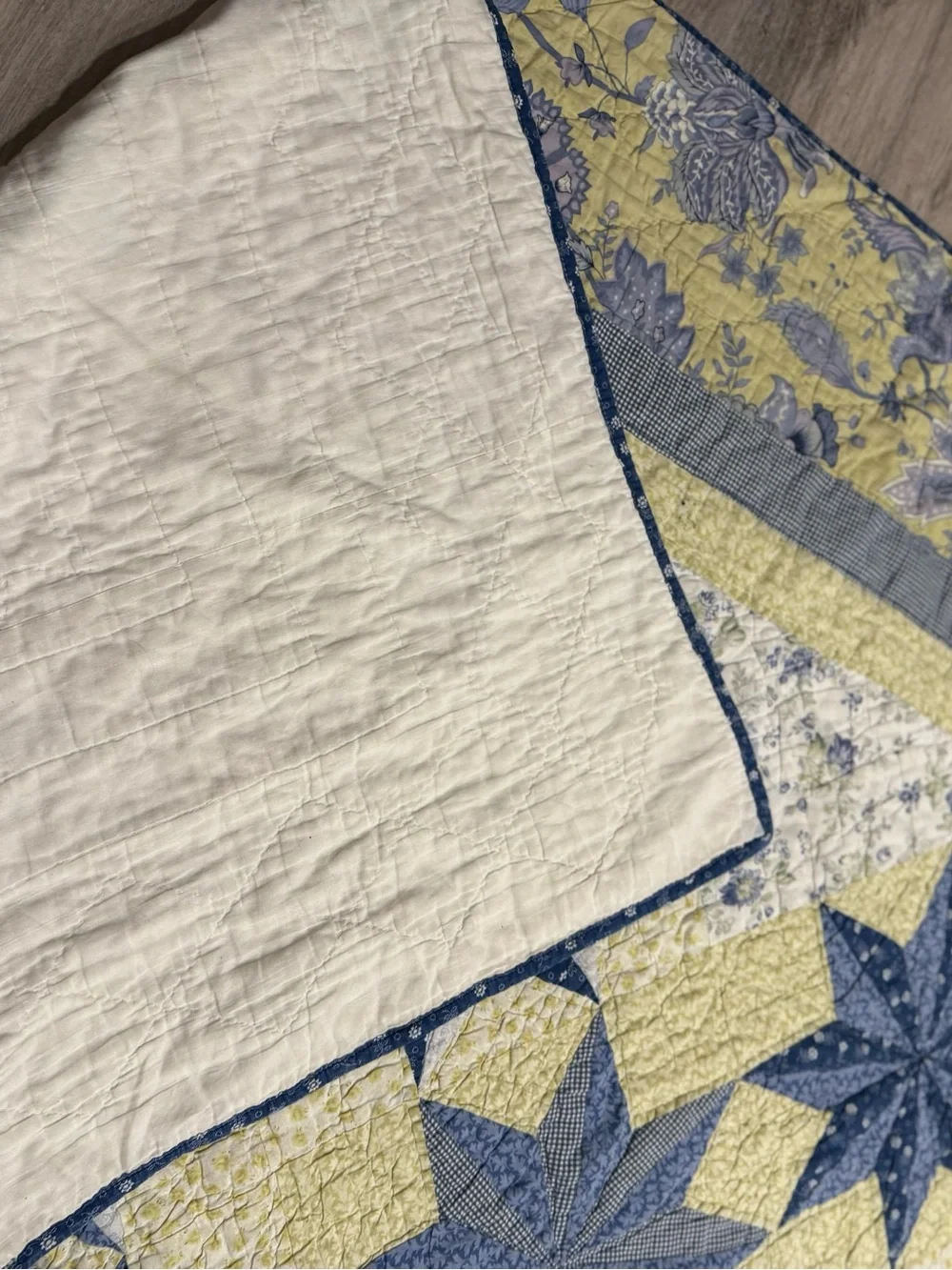 Vintage Handmade Star Patchwork Quilt in Blue and Green 84 x 98